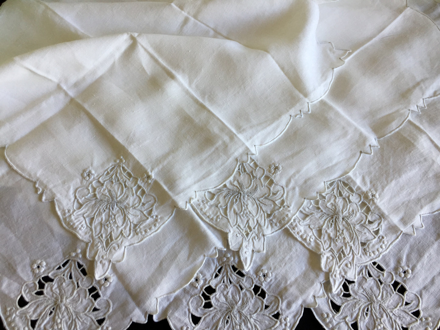 Set of 6 Edwardian Antique Madeira Hand Embroidered White Reusable Linen Napkins