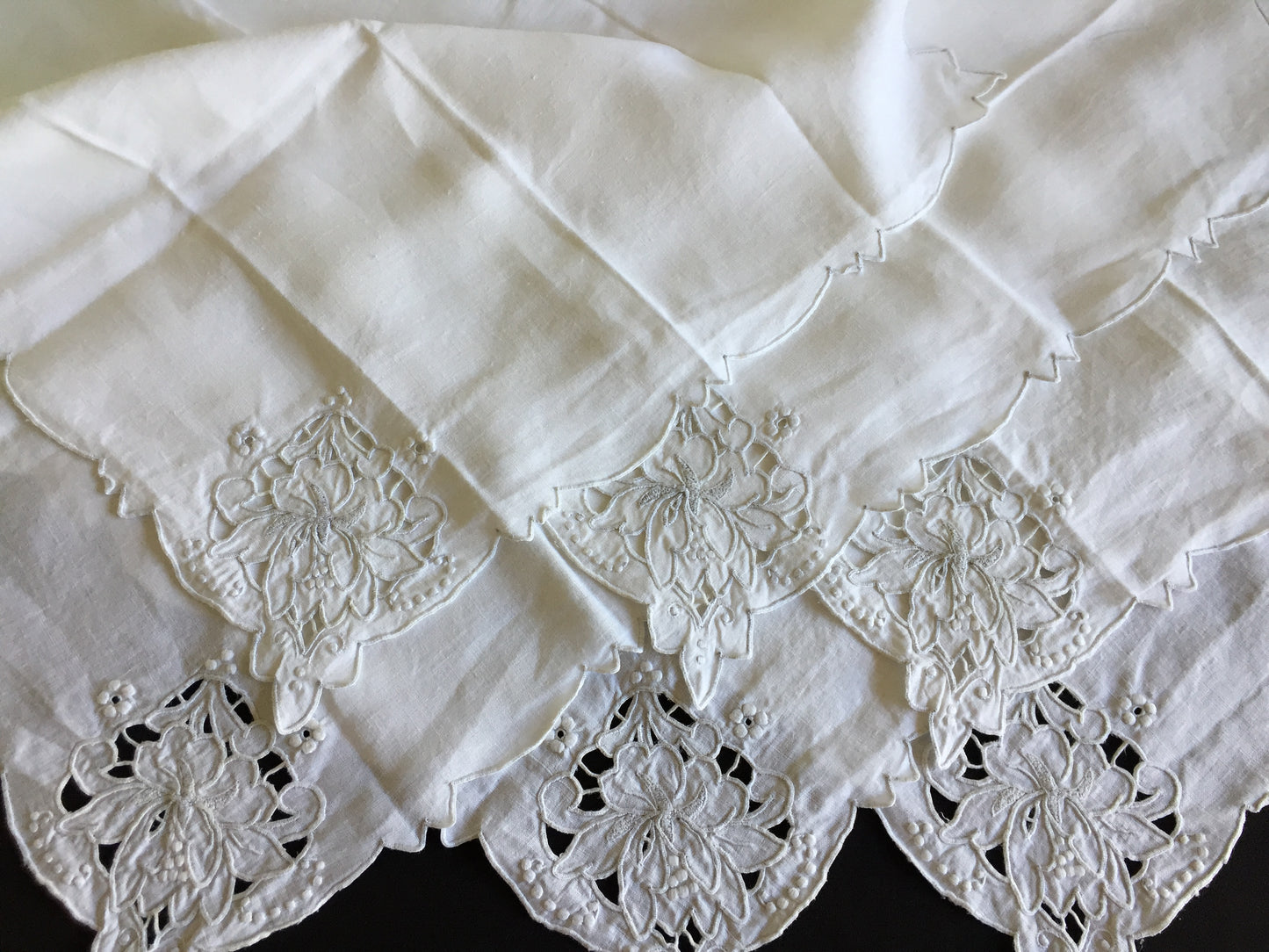 Set of 6 Edwardian Antique Madeira Hand Embroidered White Reusable Linen Napkins