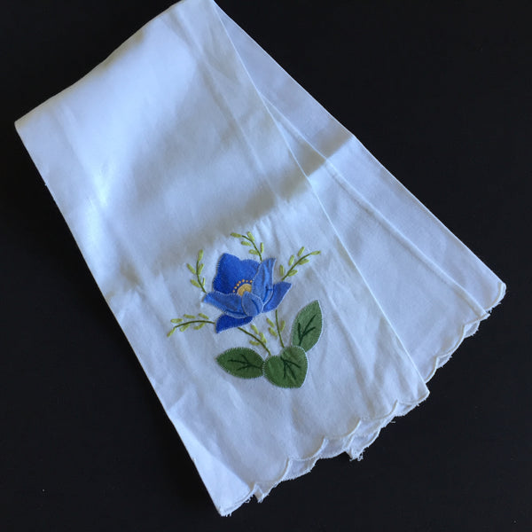 Vintage Hand Embroidered and Appliqued Tea or Guest Towel with Blue Flower
