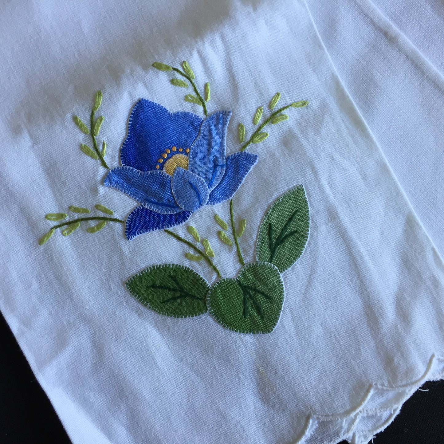Vintage Hand Embroidered and Appliqued Tea or Guest Towel with Blue Flower
