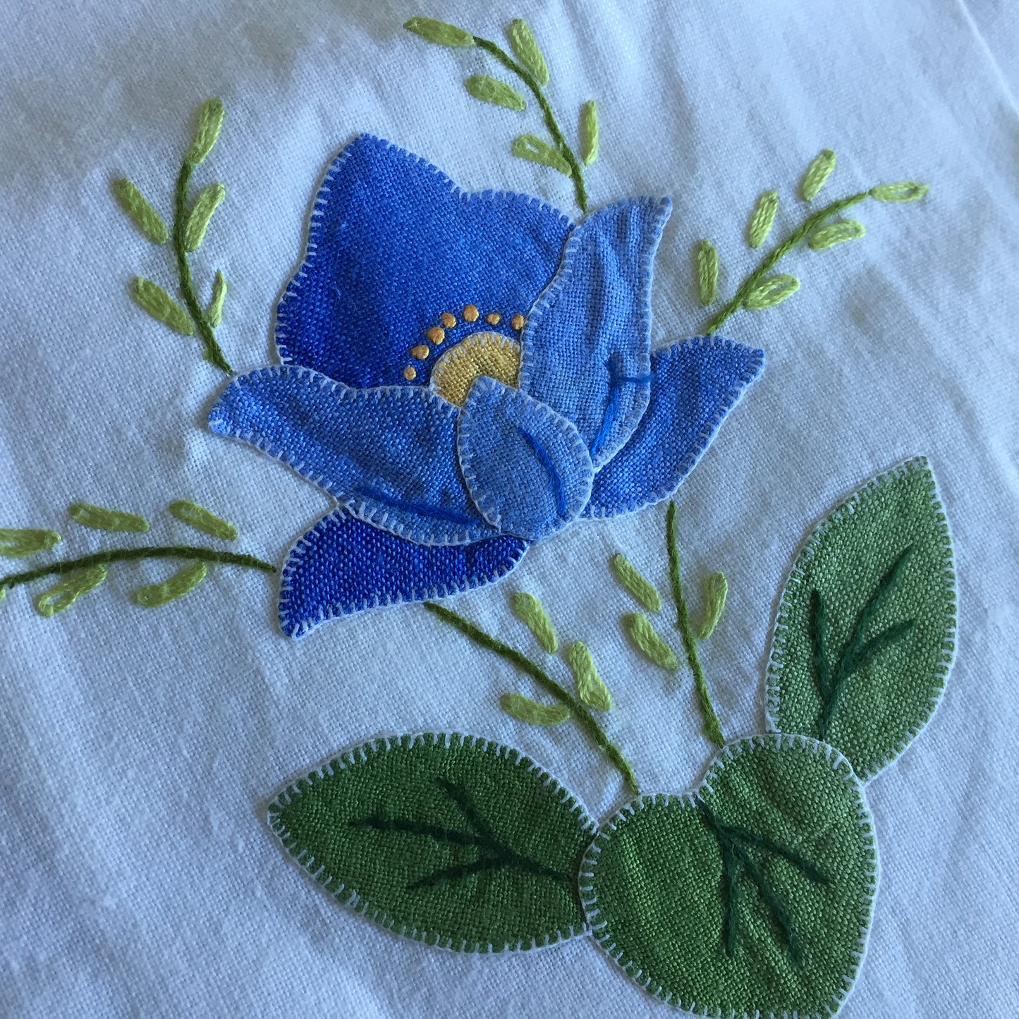 Vintage Hand Embroidered and Appliqued Tea or Guest Towel with Blue Flower