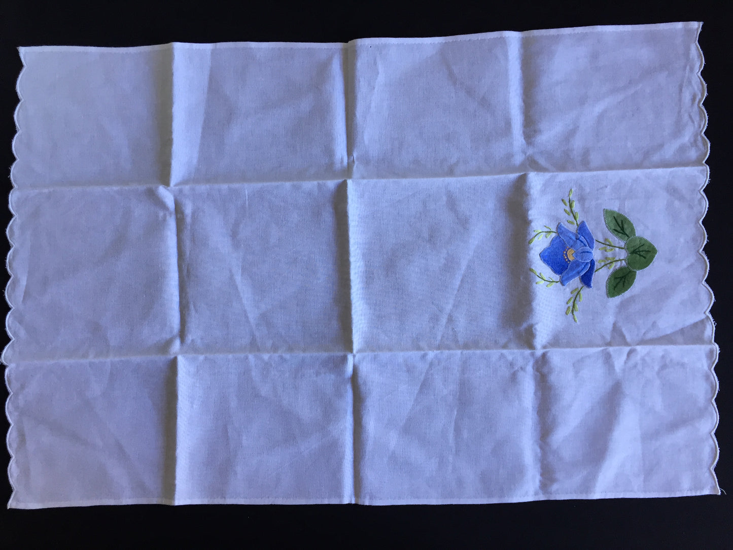 Vintage Hand Embroidered and Appliqued Tea or Guest Towel with Blue Flower