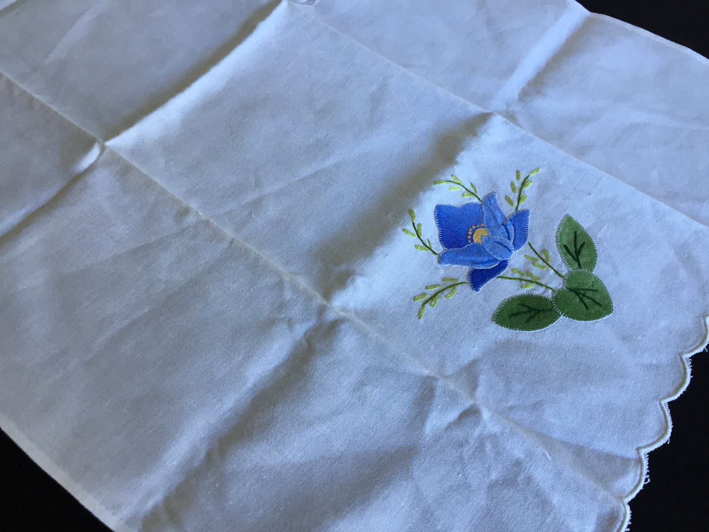Vintage Hand Embroidered and Appliqued Tea or Guest Towel with Blue Flower