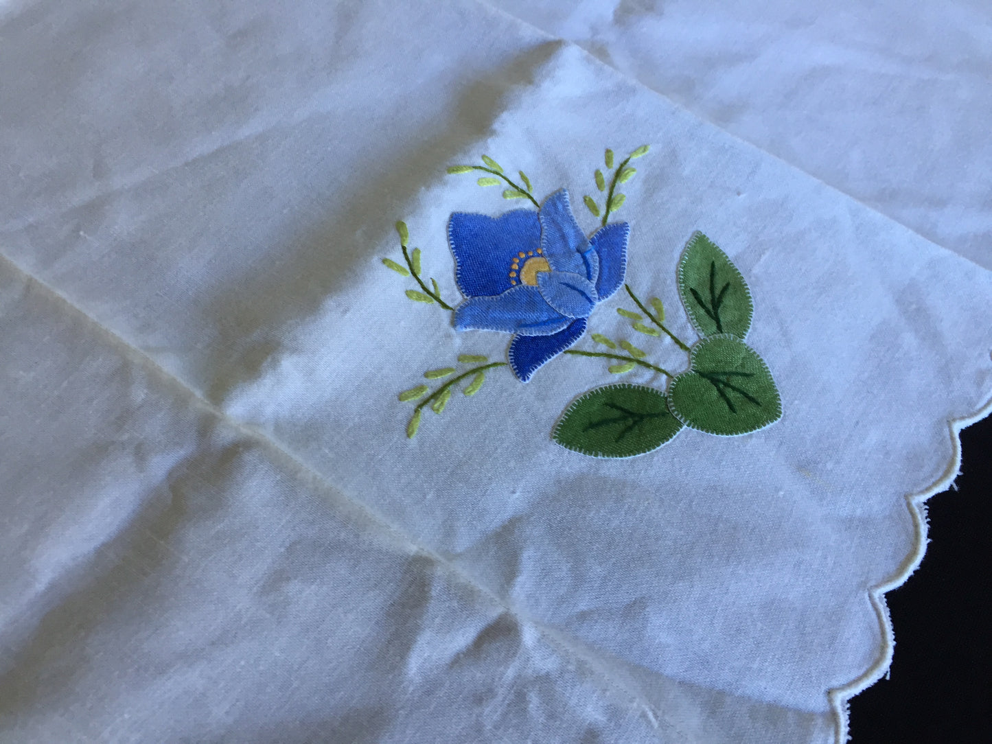 Vintage Hand Embroidered and Appliqued Tea or Guest Towel with Blue Flower