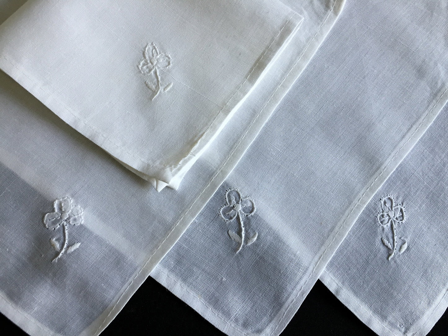 Unused Vintage Set of 4 Hand Embroidered Small White Cocktail Napkins