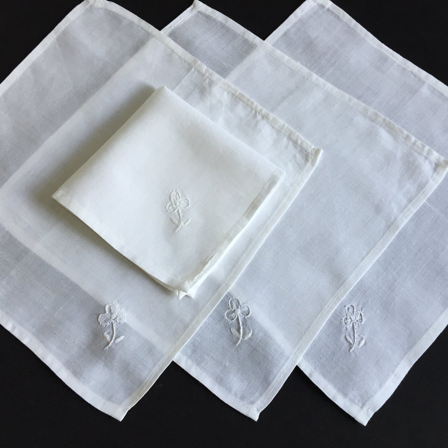 Unused Vintage Set of 4 Hand Embroidered Small White Cocktail Napkins