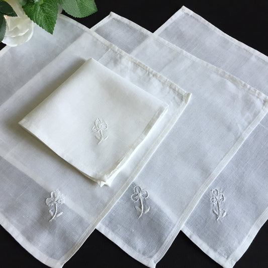 Unused Vintage Set of 4 Hand Embroidered Small White Cocktail Napkins