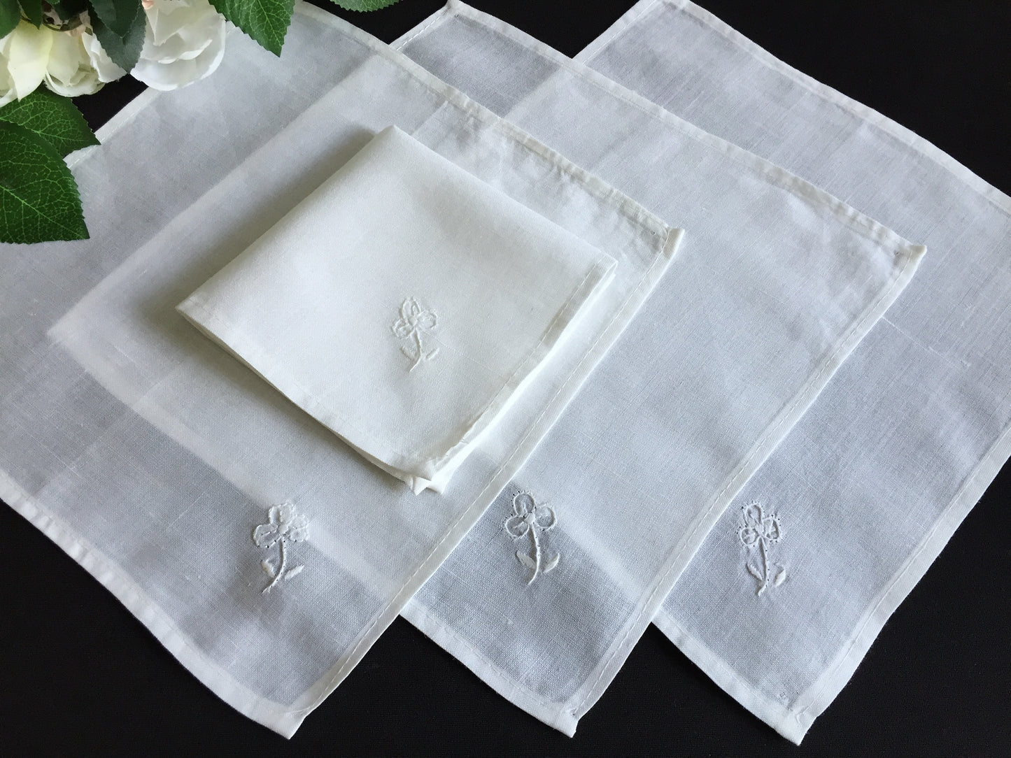 Unused Vintage Set of 4 Hand Embroidered Small White Cocktail Napkins