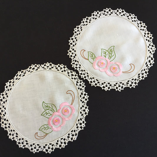 Australian Vintage Hand Embroidered Linen Doily Pair