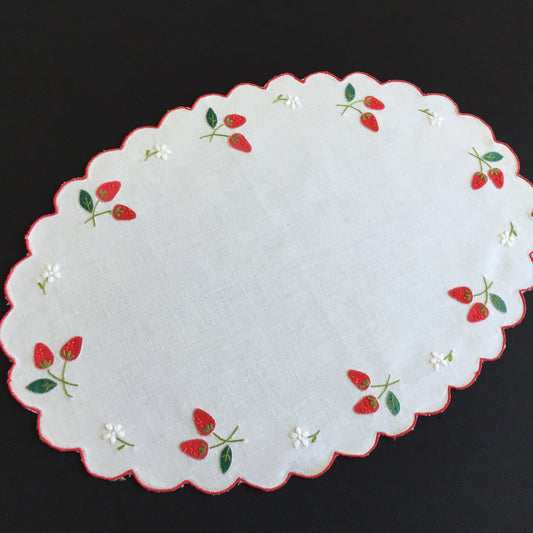Vintage White Cotton Doily with Hand Embroidered Strawberry Pattern