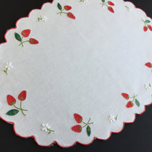 Load image into Gallery viewer, Vintage White Cotton Doily with Hand Embroidered Strawberry Pattern