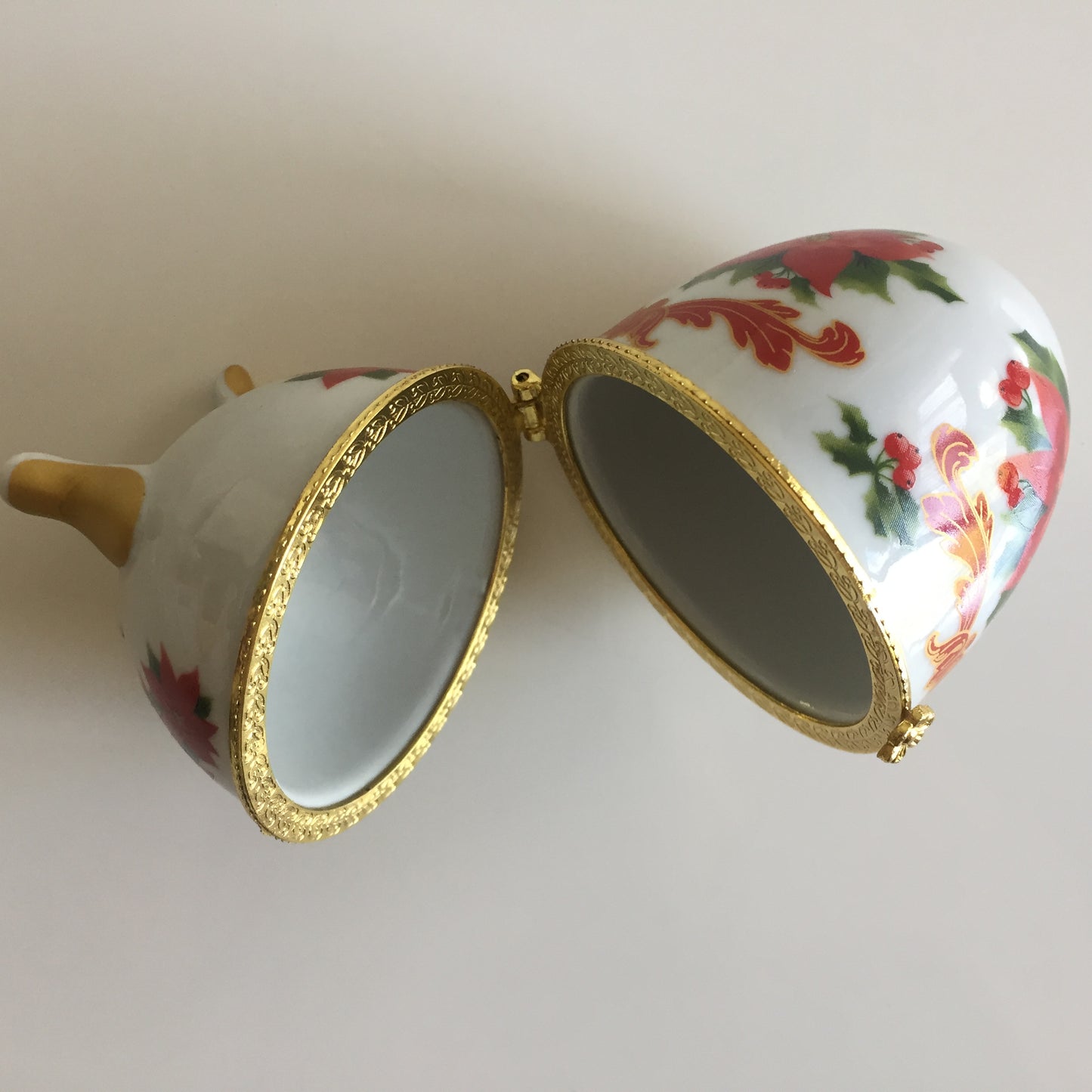 Egg-shaped Fabergé Style Trinket Box | Poinsettia Design | Hinged Gold-toned Lid