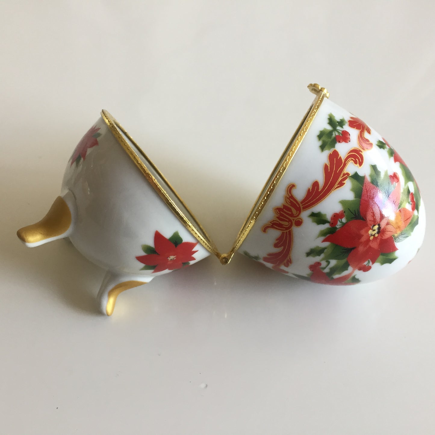 Egg-shaped Fabergé Style Trinket Box | Poinsettia Design | Hinged Gold-toned Lid