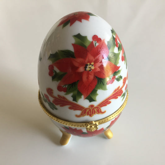 Egg-shaped Fabergé Style Trinket Box | Poinsettia Design | Hinged Gold-toned Lid