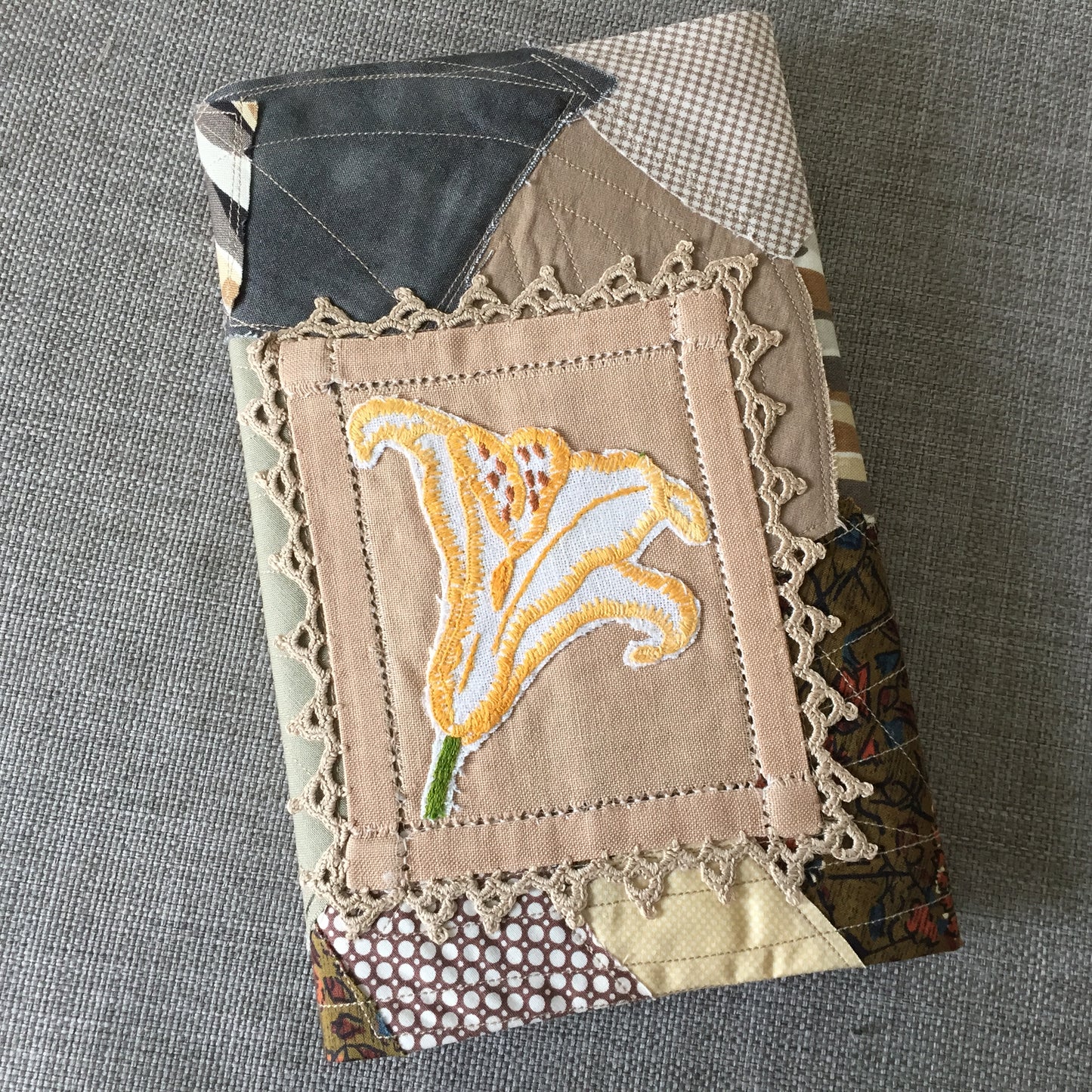Handmade Adjustable Book Cover, Embroidered Floral Sleeve, Patchwork Book Protector