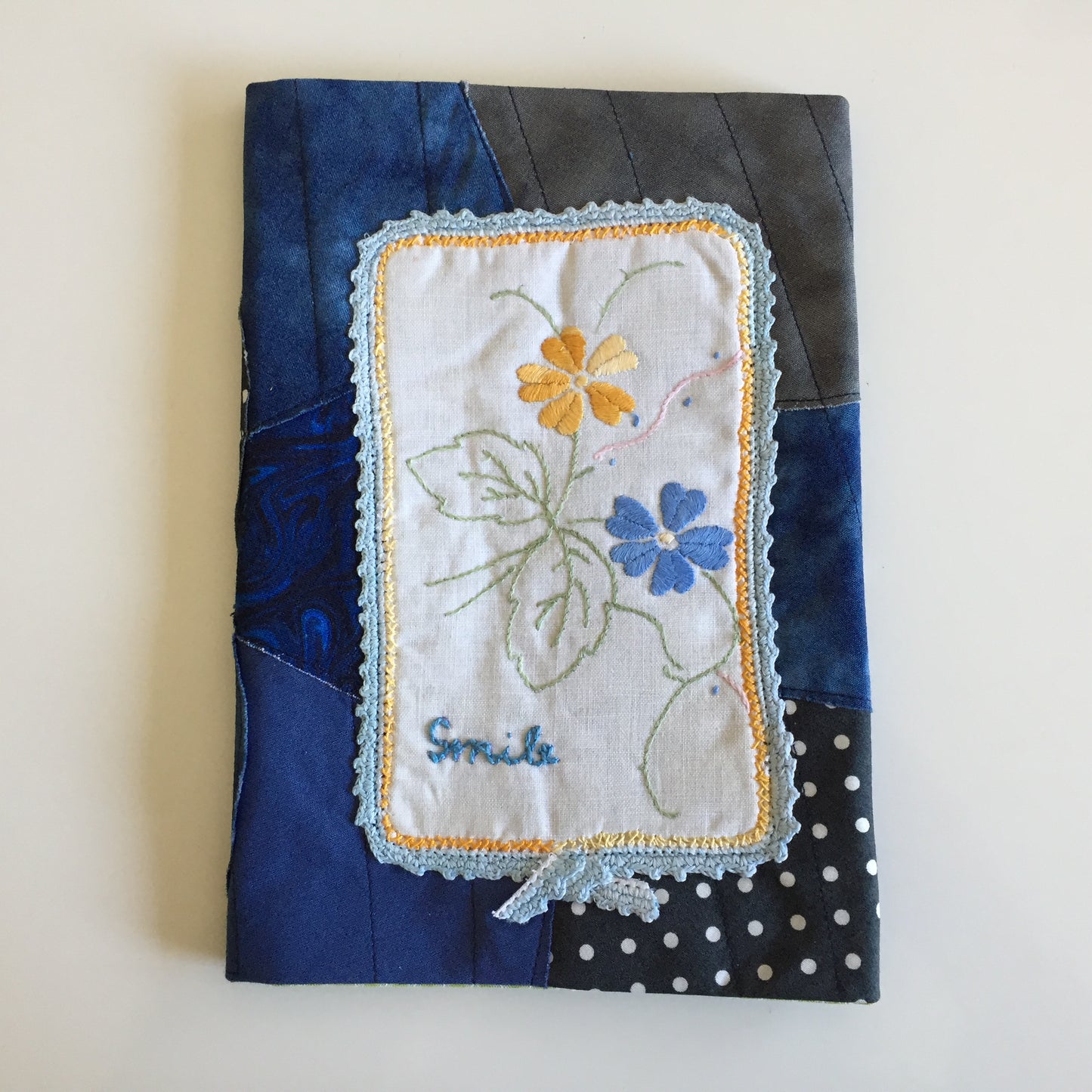 Handmade Adjustable Book Cover, Embroidered Floral Sleeve, Patchwork Book Protector