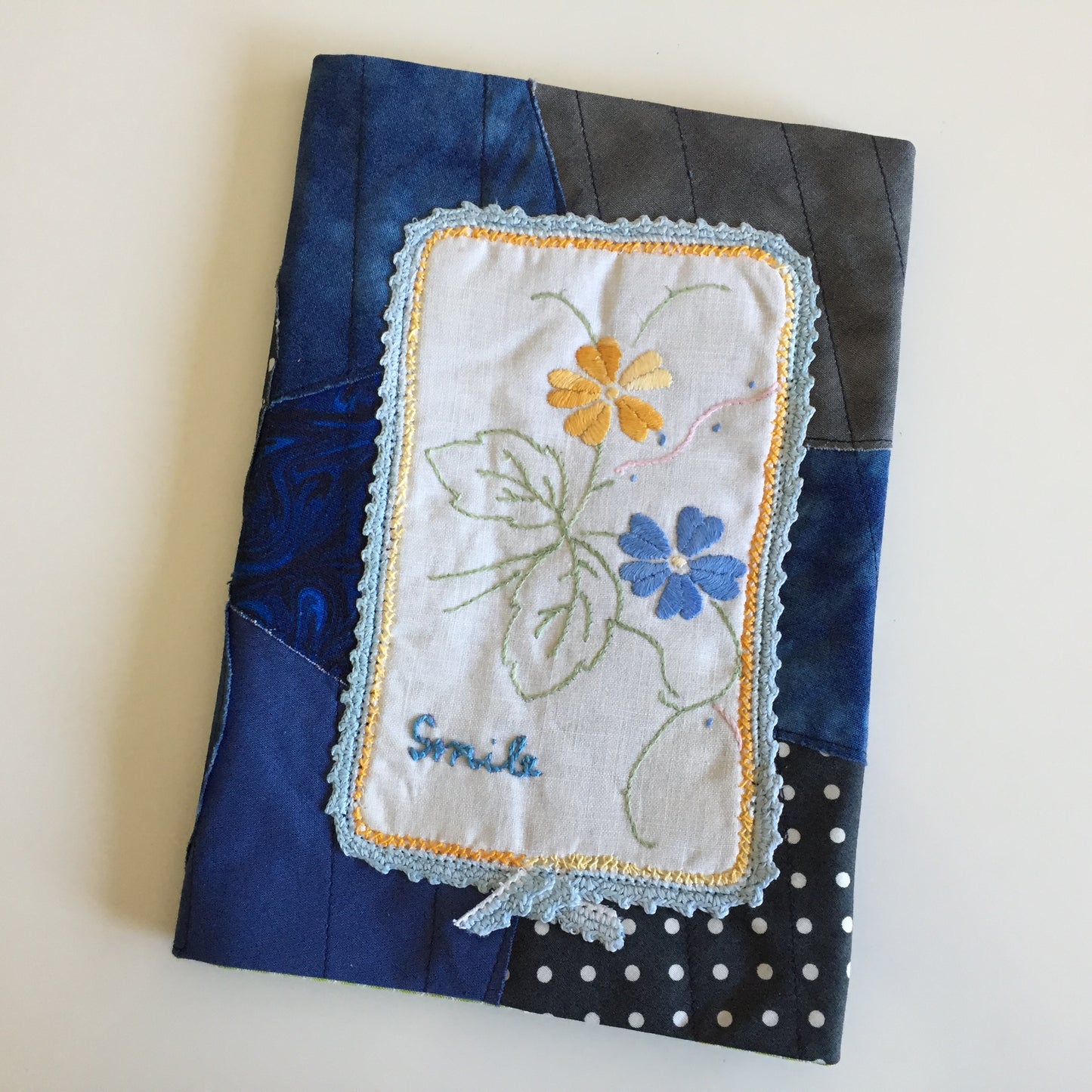 Handmade Adjustable Book Cover, Embroidered Floral Sleeve, Patchwork Book Protector