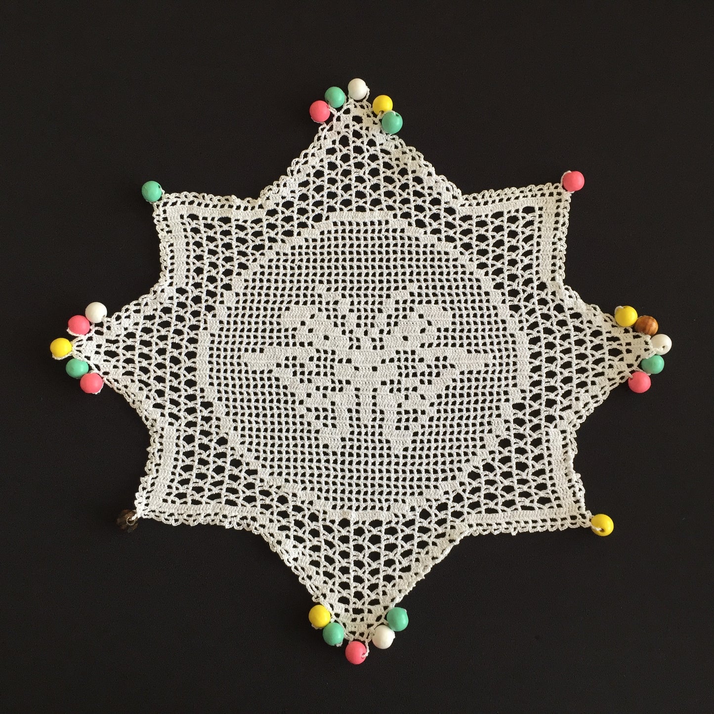 White Filet Crochet Lace Beaded Jug Cover Doily with Butterfly