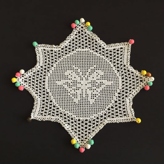 White Filet Crochet Lace Beaded Jug Cover Doily with Butterfly