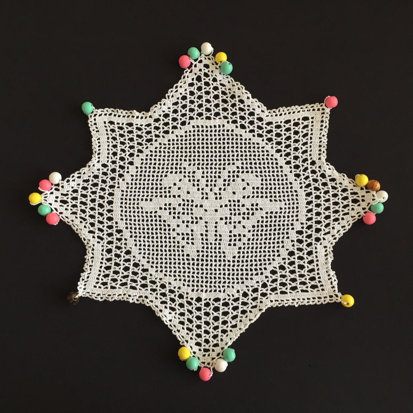 White Filet Crochet Lace Beaded Jug Cover Doily with Butterfly
