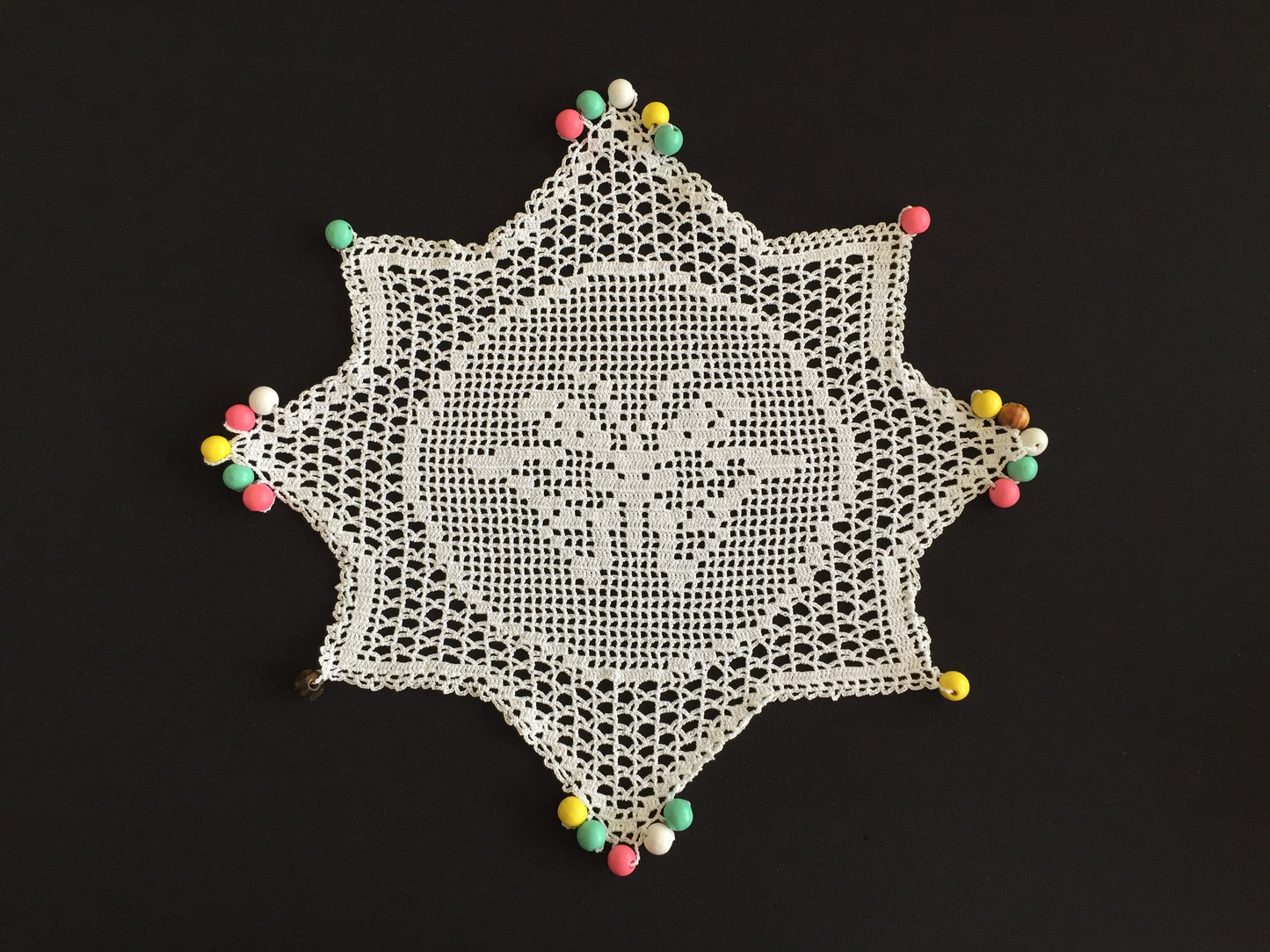 White Filet Crochet Lace Beaded Jug Cover Doily with Butterfly