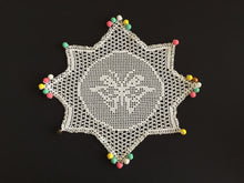Load image into Gallery viewer, White Filet Crochet Lace Beaded Jug Cover Doily with Butterfly