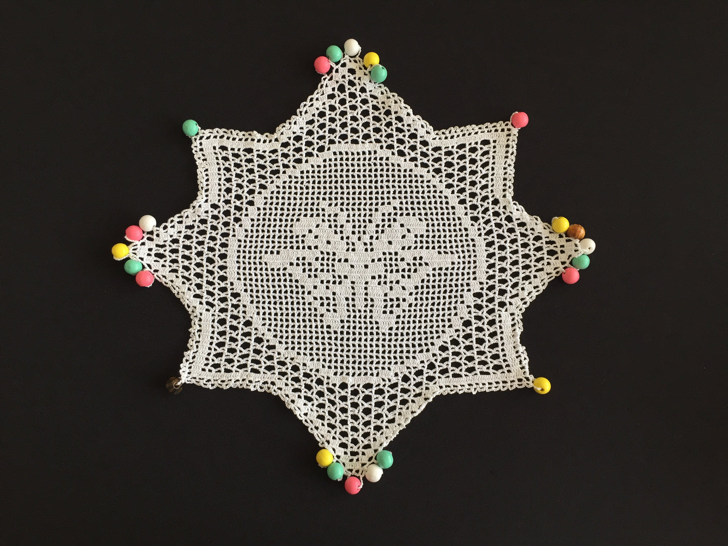 White Filet Crochet Lace Beaded Jug Cover Doily with Butterfly