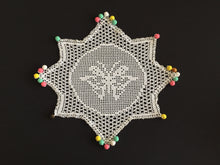 Load image into Gallery viewer, White Filet Crochet Lace Beaded Jug Cover Doily with Butterfly