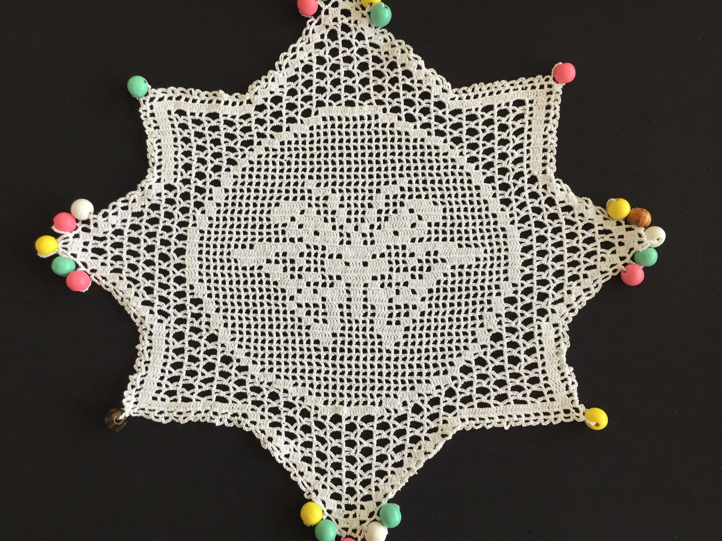 White Filet Crochet Lace Beaded Jug Cover Doily with Butterfly