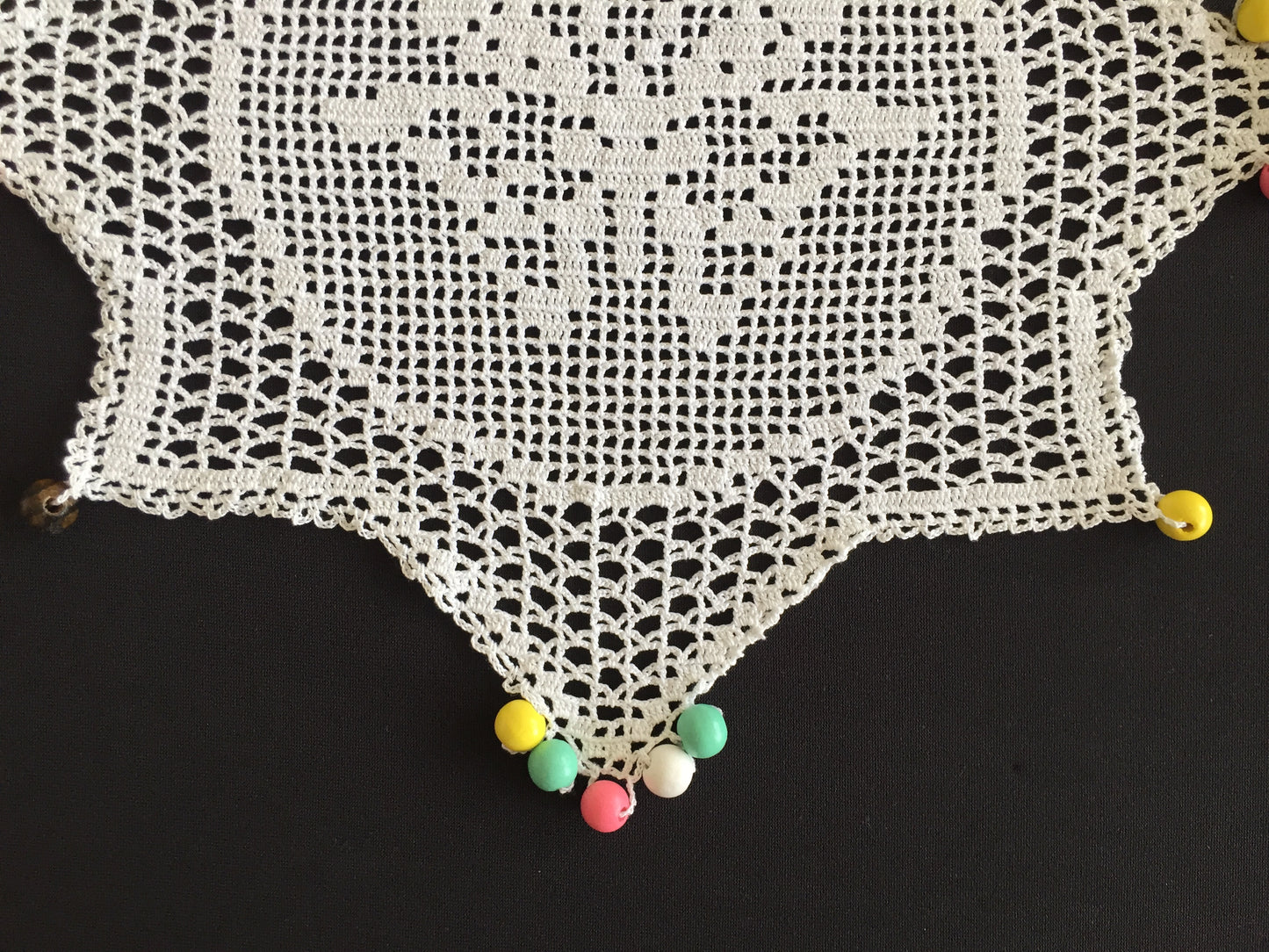 White Filet Crochet Lace Beaded Jug Cover Doily with Butterfly