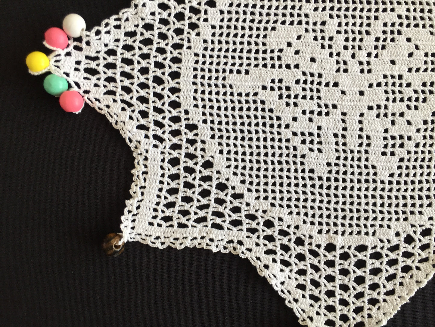 White Filet Crochet Lace Beaded Jug Cover Doily with Butterfly