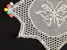 Load image into Gallery viewer, White Filet Crochet Lace Beaded Jug Cover Doily with Butterfly