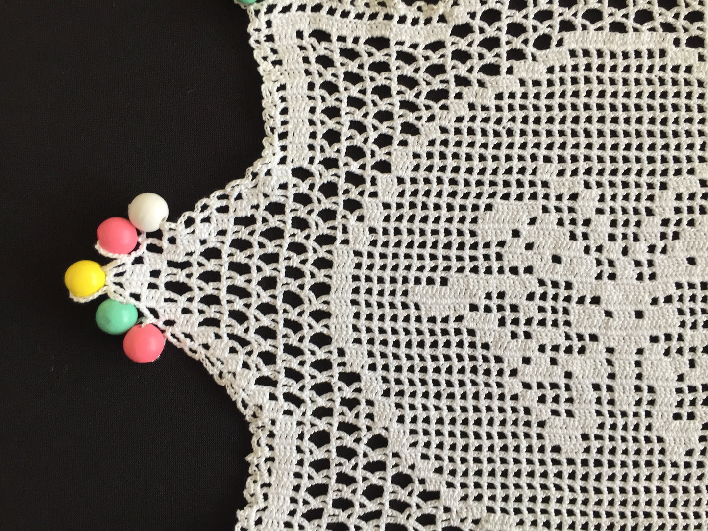 White Filet Crochet Lace Beaded Jug Cover Doily with Butterfly