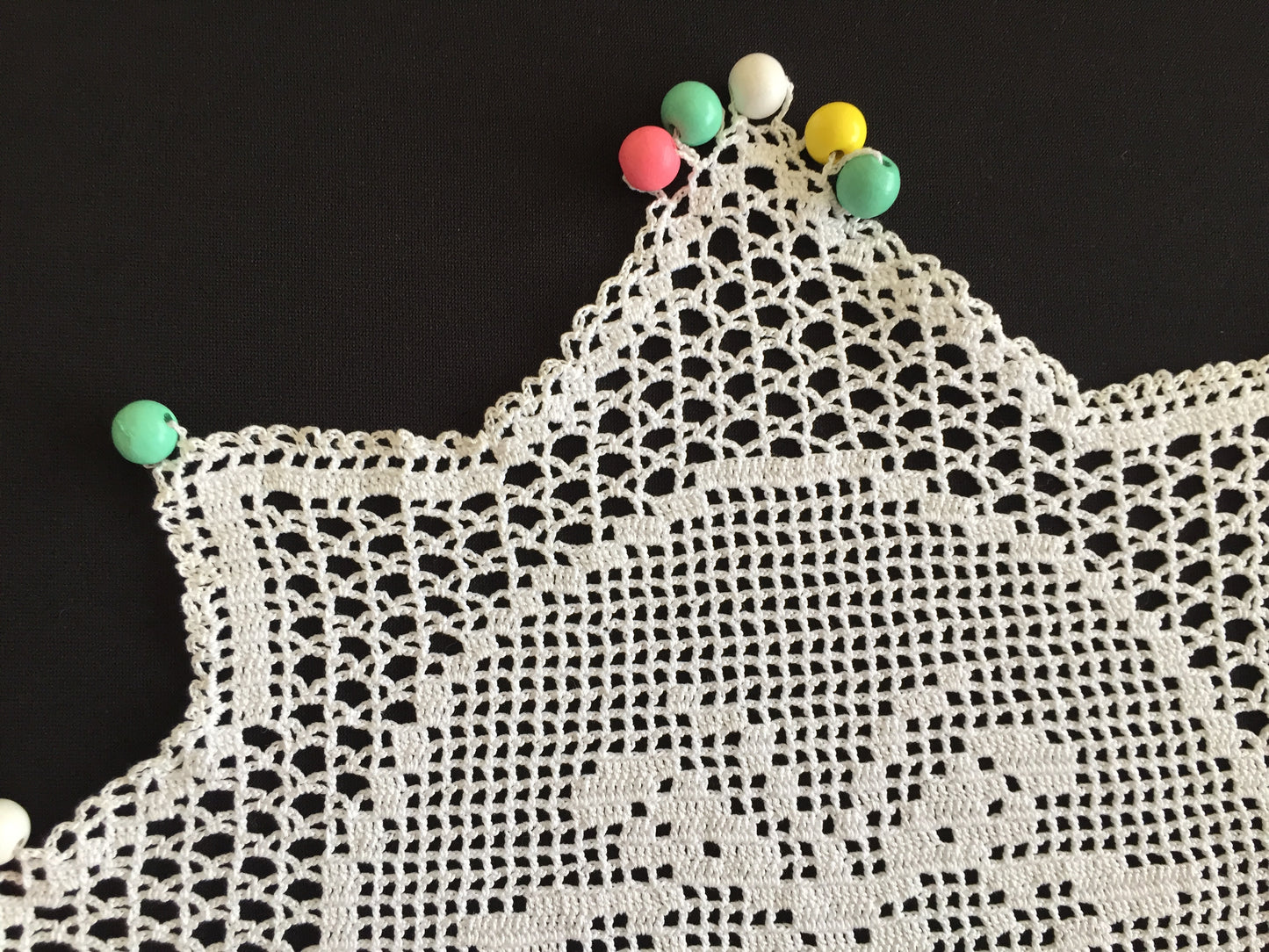 White Filet Crochet Lace Beaded Jug Cover Doily with Butterfly