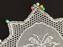 Load image into Gallery viewer, White Filet Crochet Lace Beaded Jug Cover Doily with Butterfly