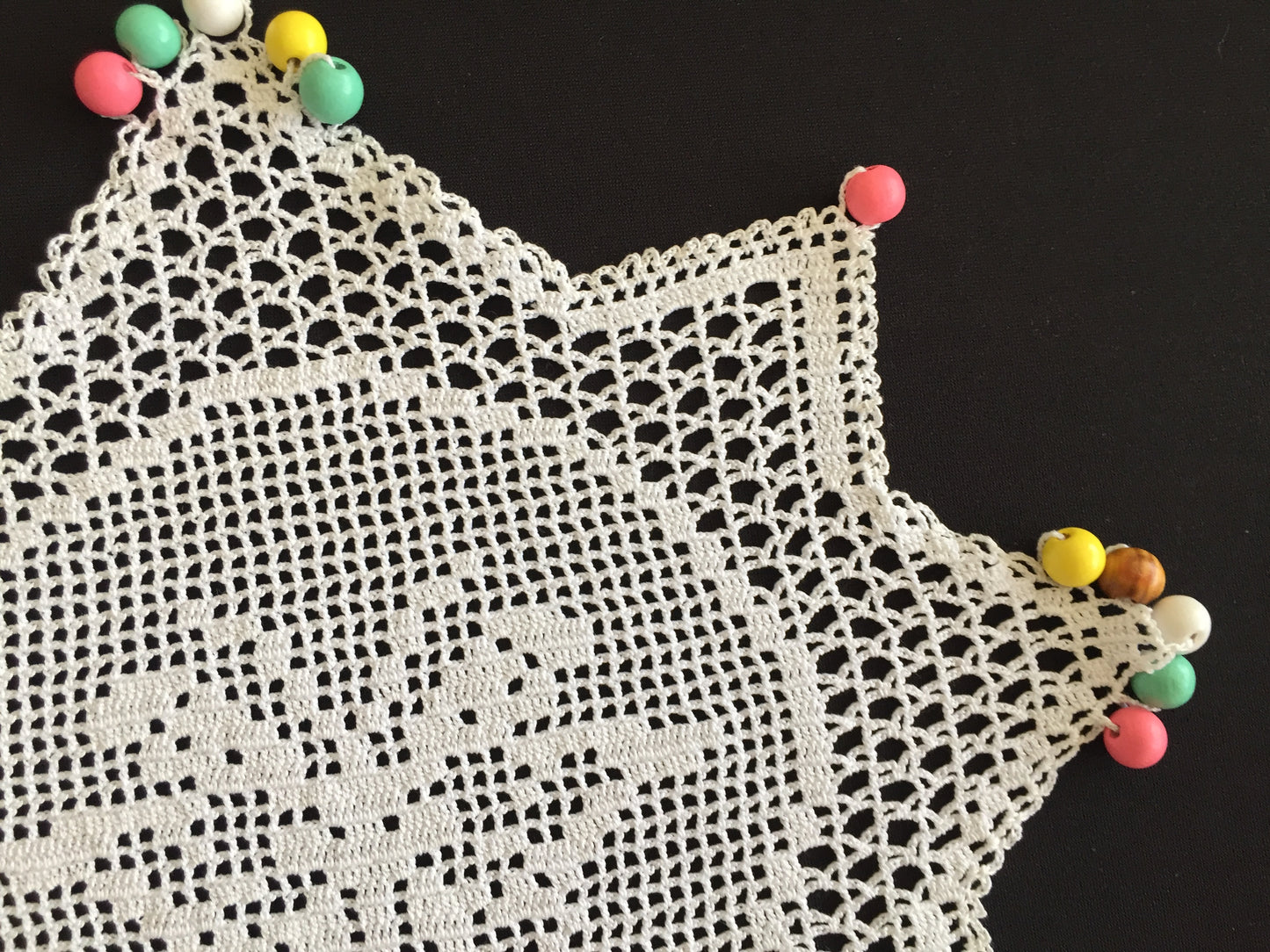 White Filet Crochet Lace Beaded Jug Cover Doily with Butterfly