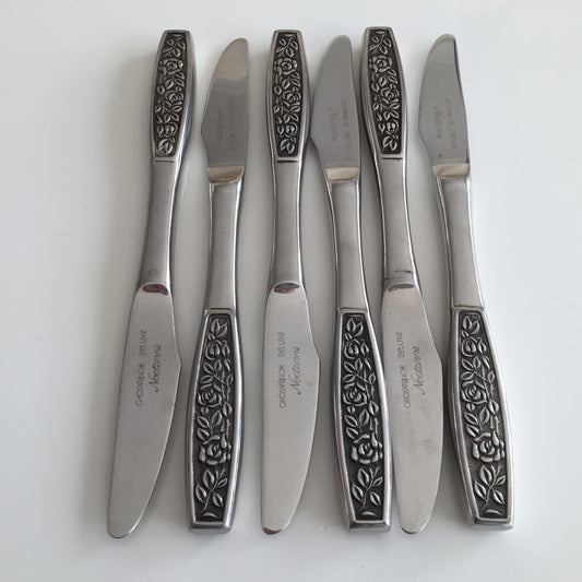 Stainless Steel Vintage Flatware Set of 6 Grosvenor Deluxe Nocturne Pattern 8" Knives