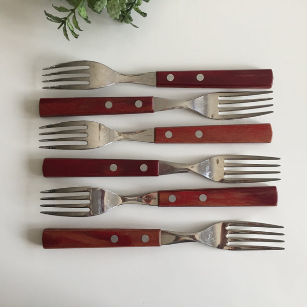 Stainless Steel Tramontina Jumbo Steak Forks | Red Polywood Handles Set of 6