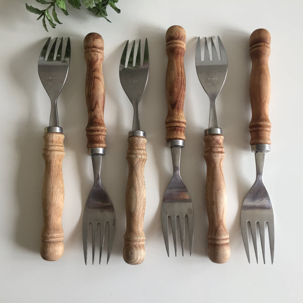 Set of 6 Sheffield Steak Forks| Rustic Wooden Handle