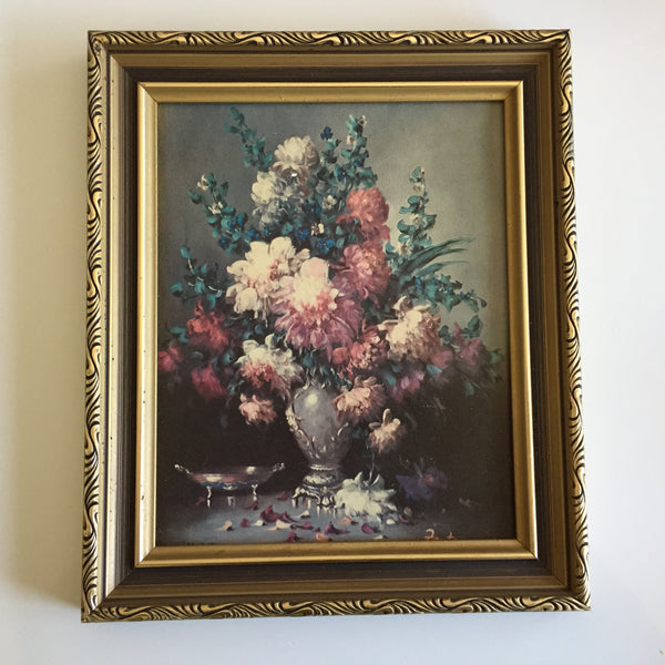 Floral Wall Art, Vintage Print of Still Life Flowers in Decorative Gilded Frame