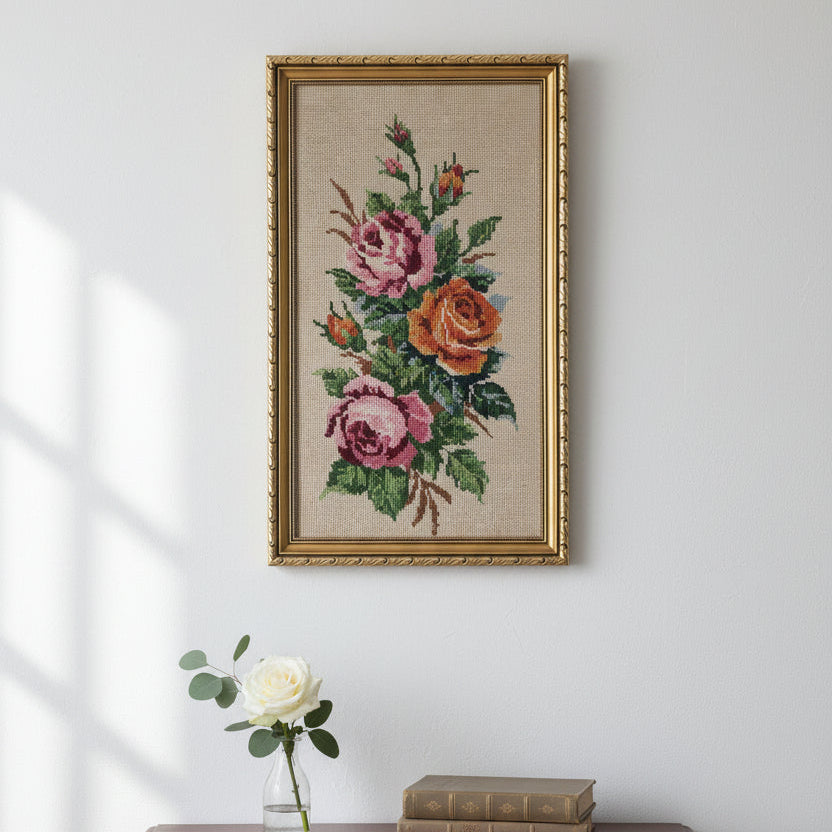 Framed Needlepoint Roses Picture Gobelin Tapestry 1990s Vintage