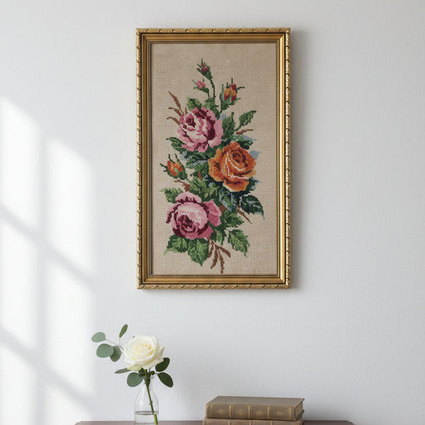 Framed Needlepoint Roses Picture Gobelin Tapestry 1990s Vintage