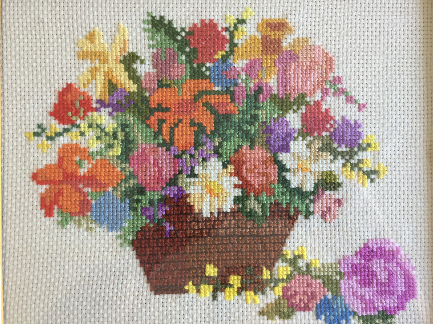 Framed Vintage Tapestry Picture | Cross Stitch Flower Basket