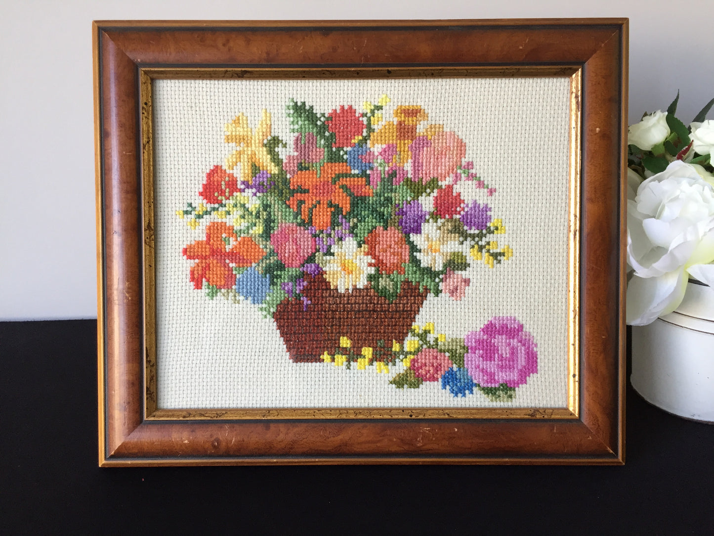Framed Vintage Tapestry Picture | Cross Stitch Flower Basket