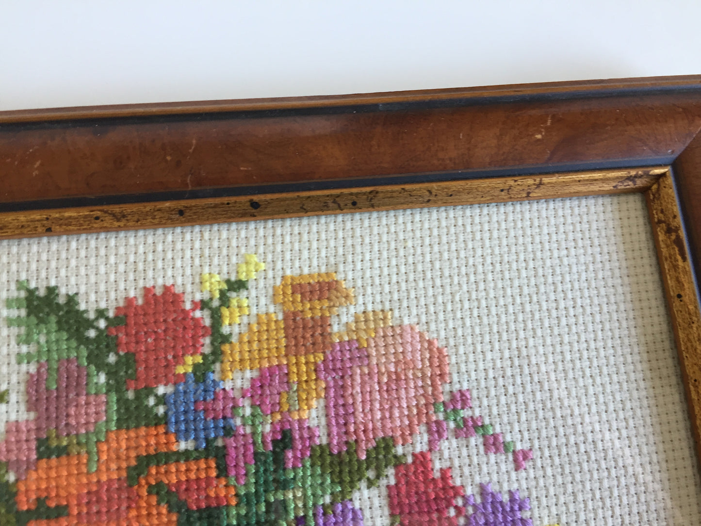 Framed Vintage Tapestry Picture | Cross Stitch Flower Basket
