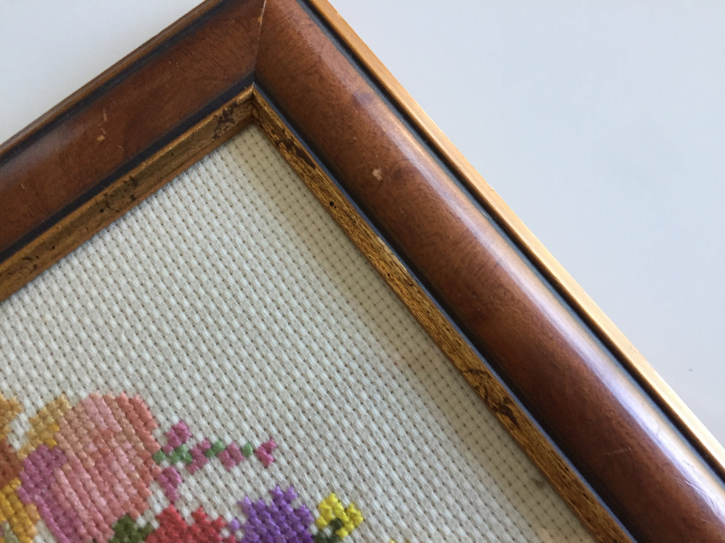 Framed Vintage Tapestry Picture | Cross Stitch Flower Basket