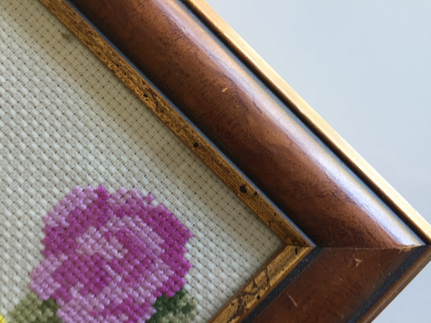 Framed Vintage Tapestry Picture | Cross Stitch Flower Basket