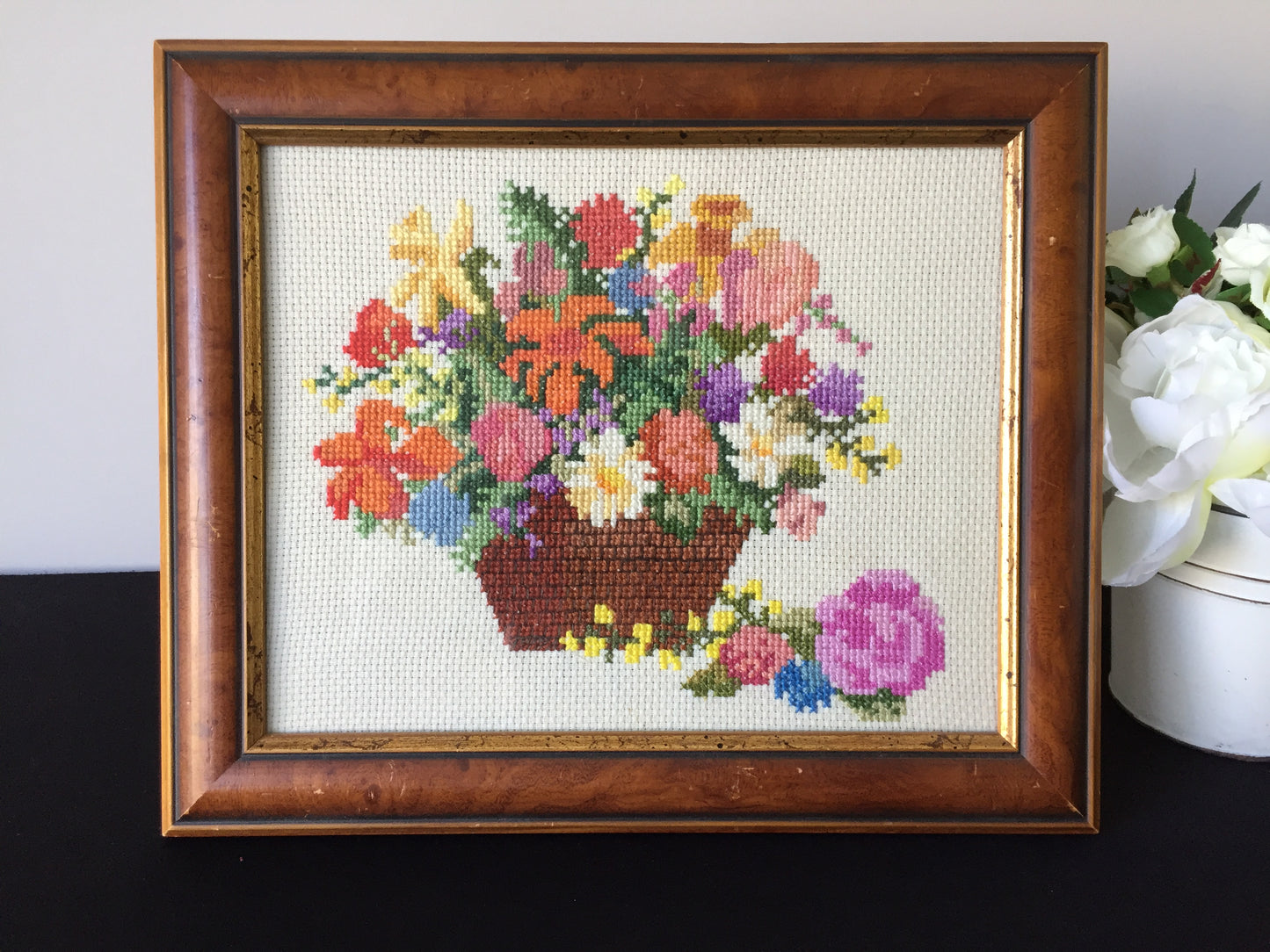 Framed Vintage Tapestry Picture | Cross Stitch Flower Basket