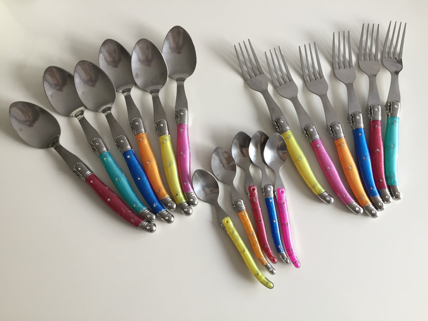 17 Pieces of French Laguiole Cutlery with Fleur-de-Lis on Funky Neon Resin Handles