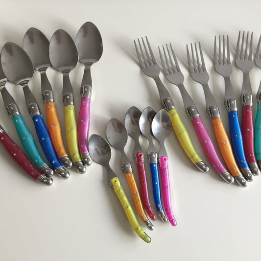 17 Pieces of French Laguiole Cutlery with Fleur-de-Lis on Funky Neon Resin Handles